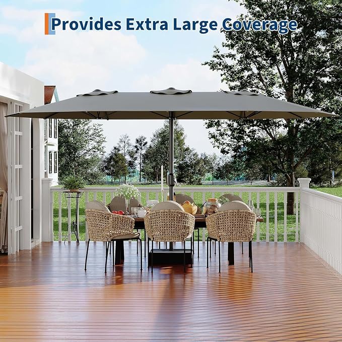 Garvee 15FT Rectangular Outdoor Umbrella Patio Umbrella with Base Included Large Market Umbrellas with Crank Handle UV Protection Table Umbrellas for Outdoor, Backyard, Deck, Poolside, Grey
