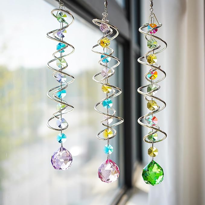 Set of 3 Crystal Suncatcher Spiral Wind Spinner Gazing Ball Decor | Crystal Suncatcher Rainbow Maker with Spiral Tail Hanging for Outdoor Garden Patio Porch Christmas Window Decor
