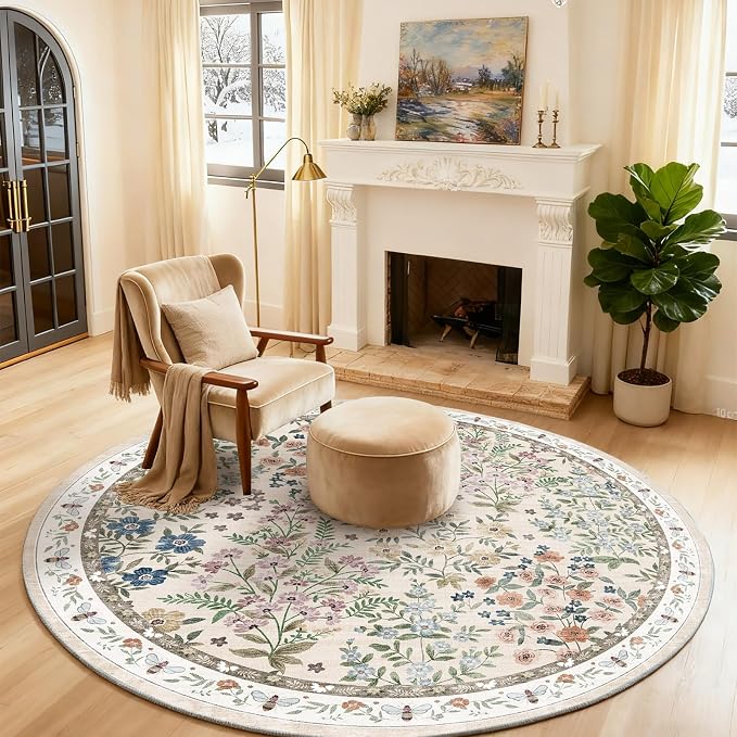 Washable Round Rugs for Bedroom 4ft: Living Room Rug Stain Resistant Non Slip Low Pile Ultra Soft Faux Wool Small Circle Rugs for Entryway Kitchen Bathroom Nursery Entrance Dorm Home Office Indoor