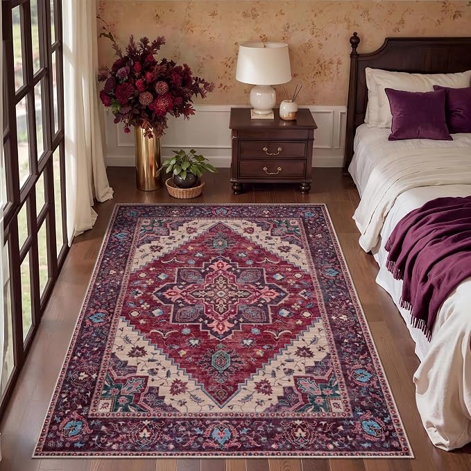 Tangsoo Oriental 3x5 Rugs, Washable Non Slip Accent Rugs for Entryway | Vintage Indoor Carpet, Boho Soft Low Pile Oriental 3x5 Area Rug for Living Room Bedroom Bedside Bathroom Entrance Burgundy