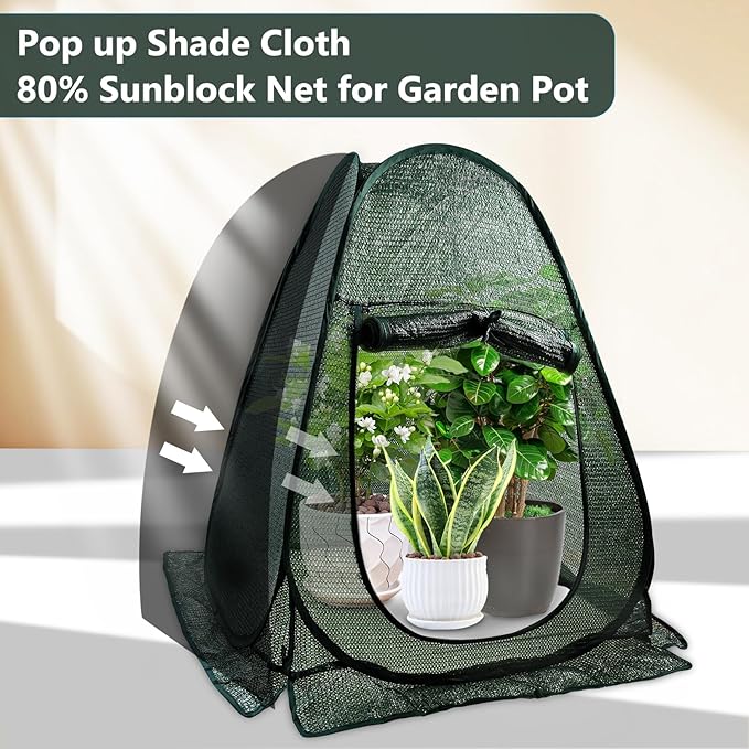 2 PCS Pop up Plant Cover Tent for Outdoor Plants, Large Plant Shade Tent 80% UV Resisitant Sunblock Shade Cloth Net Zipper Door Garden Pest Guard Plants Sun Protection with Stakes, 28 x 28 x 32 Inch