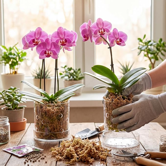 2 Pcs 5 Inch Clear Acrylic Orchid Planter Pot with 360° Round Holes & Tray, Thick Acrylic Vented Planter for Phalaenopsis, Root Airflow, Bottom Watering & Indoor Orchid Repotting