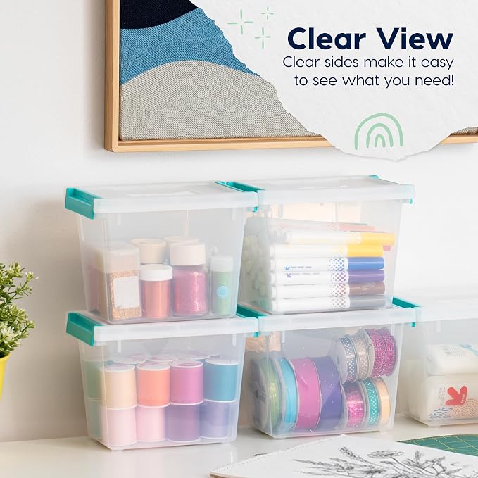 IRIS USA 2 Qt. Craft Storage Bins with Lids, 6-Pack, |Made in USA|, Clip Box, Small Tall Plastic Sensory Bin Tote Organizer Containers for Art Supplies, Paper, & Office, Stackable - Clear/Seafoam Blue