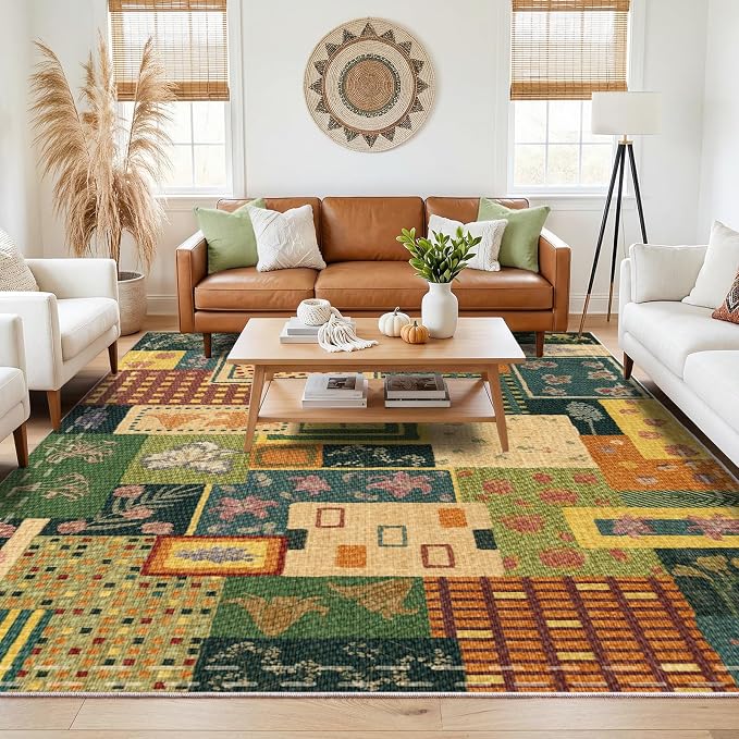6x9 Floral Patchwork Area Rugs for Living Room, Colorful Green Boho Rug | Upgraded Non Slip Carpet, Washable Rug for Dining Room Office Home, Abstract Low Pile Large Rugs, Southwestern Cottagecore