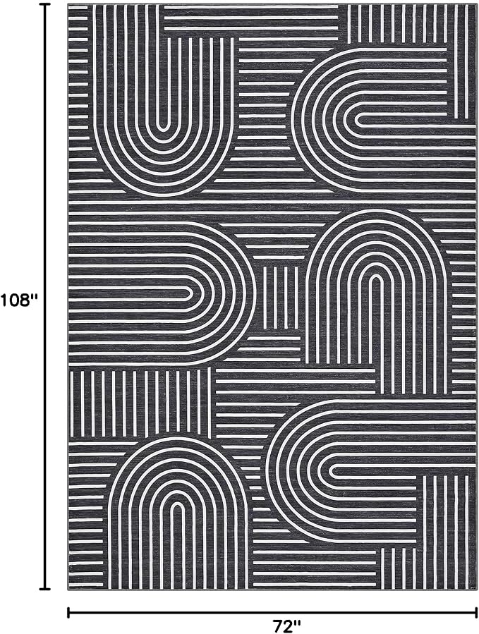 ROYHOME Modern Washable Rug 6x9 Area Rugs for Living Room Non Slip, Black | Abstract Rug for Bedroom, Rainbow Throw Rugs with Rubber Back, Low Pile Stain Resistant Boho Geometric Carpet for Dining Room