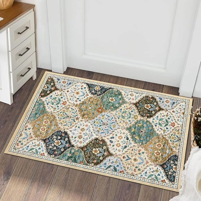 ROYHOME Small Rug Trellis Washable Area Rug Non-Slip Doormat for Entrance | Stain Resistant Entryway Rug Distressed Floral Floor Carpet for Indoor Front Kitchen Bathroom, Beige/Taupe, 2' x 3'