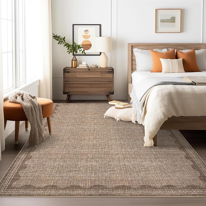 5x7 Scalloped Area Rugs Coffee Washable Living Room Bedroom Rug | Solid Tan Rug for Bedroom Girls, Non Slip Throw Carpet With Rubber Back, Soft Dorm Nursery Scalloped Rugs for Dining Room