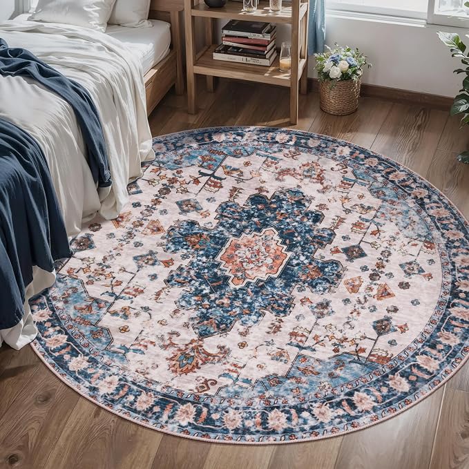 Tangsoo Washable Round Rug 4ft, Oriental Non Slip Small Circle Rug Blue | Boho Soft Low Pile Round Area Rug, Vintage Circular Rugs for Living Room Bedroom Entryway Nursery Dorm Office Blue/Orange