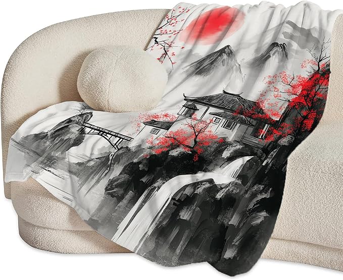 Japanese Throw Blanket Anime Cherry Blossom Gifts for Girls Women Men Boys Plush Cozy Flannel Fleece Fuzzy Landscape Blankets 50"X40"