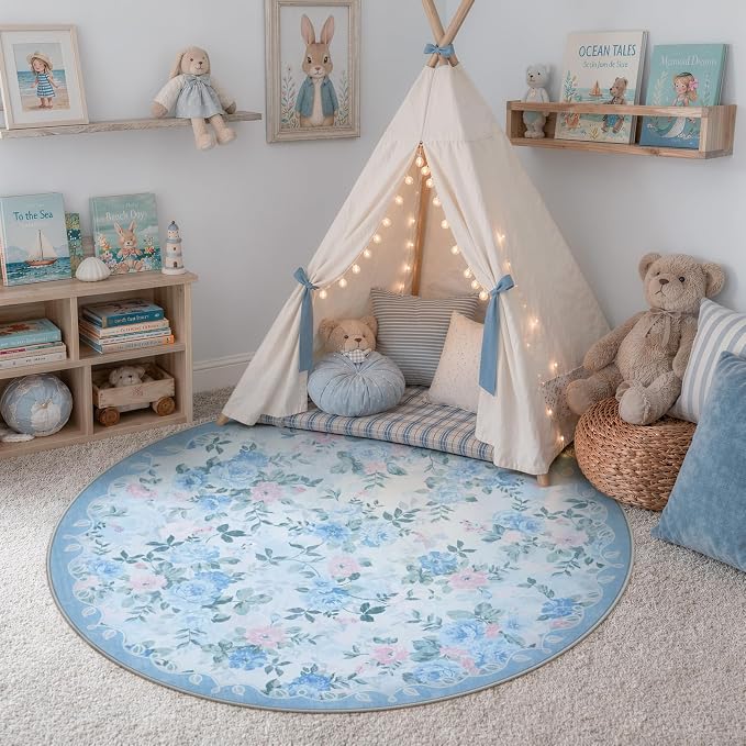 Lahome Round Floral Bathroom Rug 4ft, Low Pile Ultra-Thin Bath Mat | Pet Friendly, Easy To Clean Non Slip Carpet For Bathroom Vanity, Playroom Corner Or Cozy Nook