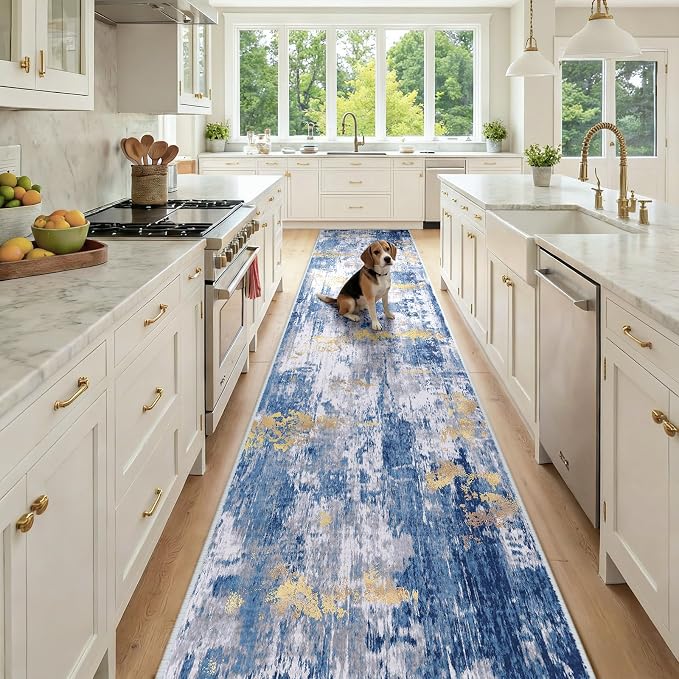 RELEANY Washable Runner 2'6"x12' Abstract Area Rug for Hallway Blue Gold | Carpet for Kitchen, Entryway, Bathroom, Living Room, Bedroom, Printed Pattern, Non‑Slip, Soft, Stain‑Resistant, Easy to Clean