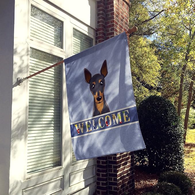 Caroline's Treasures BB1426CHF Min Pin Welcome House Flag, Blue Large Porch Sleeve Pole Decorative Outside Yard Banner Artwork Wall Hanging, Polyester, House Size, Multicolor