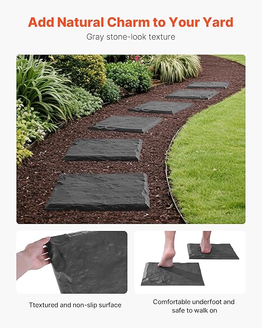 VEVOR Garden Stepping Stones, 4Pcs 15.5 x 15.5 in, Decorative Stepping Stones with Stakes, Weather-Resistant Plastic Pathway Pavers, Smooth Surface, Outdoor Walkway for Lawn Patio Landscape, Grey