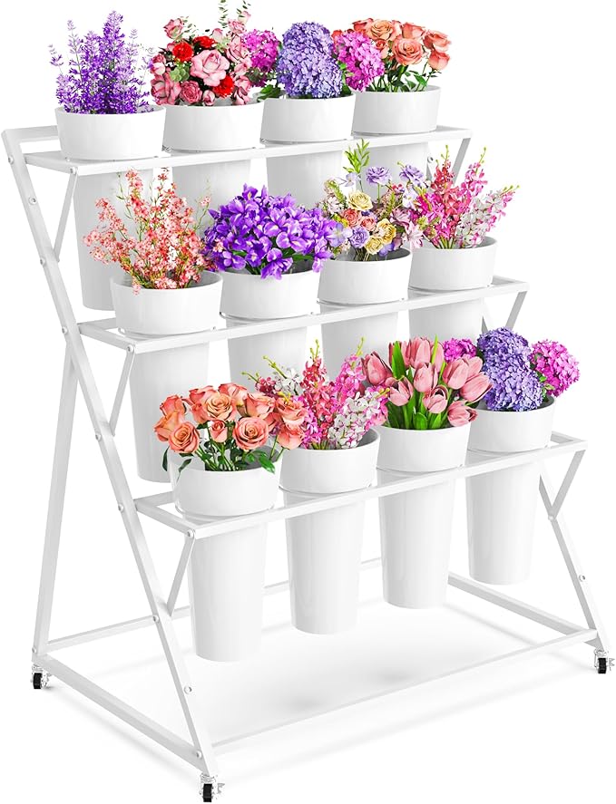 VGMiu Flower Display Stand with 12 Buckets, White Flower Cart with Wheels 3 Layers Metal Flower Bar Stand Moving Flower Stand Florist Bouquet Shelf for Weddings Party Ceremony Indoor Outdoor Garden