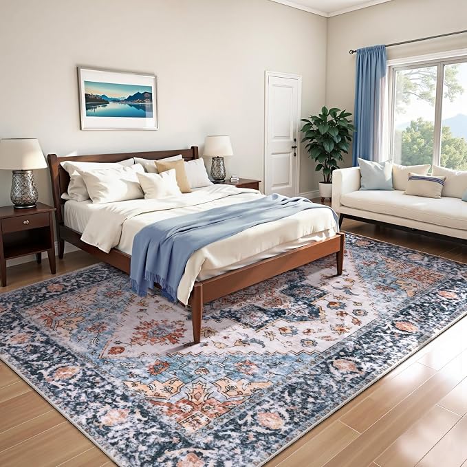 SERISSA 6x9 Washable Non Slip Boho Area Rug for Living Room，Blue Orange | Ultra Soft Vintage Oriental Carpet Low-Pile Distressed Tribal Throw Carpet for Dining Room Bedroom Dorm Office Home Decor