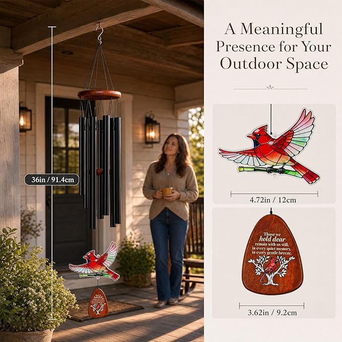 36'' Cardinal Wind Chimes for Outside, Memorial Wind Chimes for Loss of Loved One, Sympathy Gifts for Loss of Mother Dad Husband, in Memory of Loved One Gifts with Condolence Card