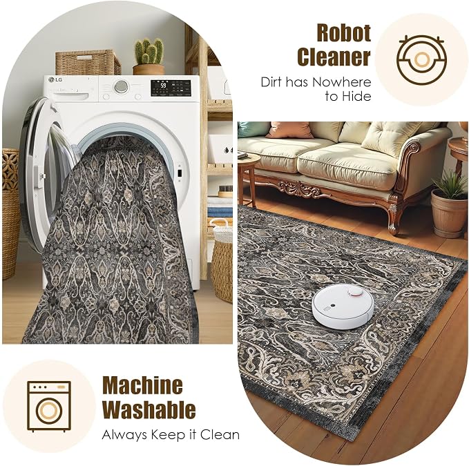 Washable Area Rug 5' x 7' Vintage Traditional Persian Mat - Foldable Distressed Non-Slip Machine Washable Carpet for Living Room Bedroom Kitchen Home Decor - Ebony and Taupe