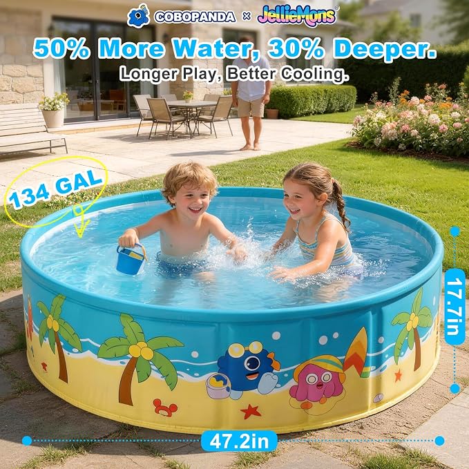 Foldable Kids Pool Hard Plastic Collapsible Deep Kiddie Pool Small Toddler Pools for Swimming, Backyard Dog Pool (JellieMons 47.2"x17.7")