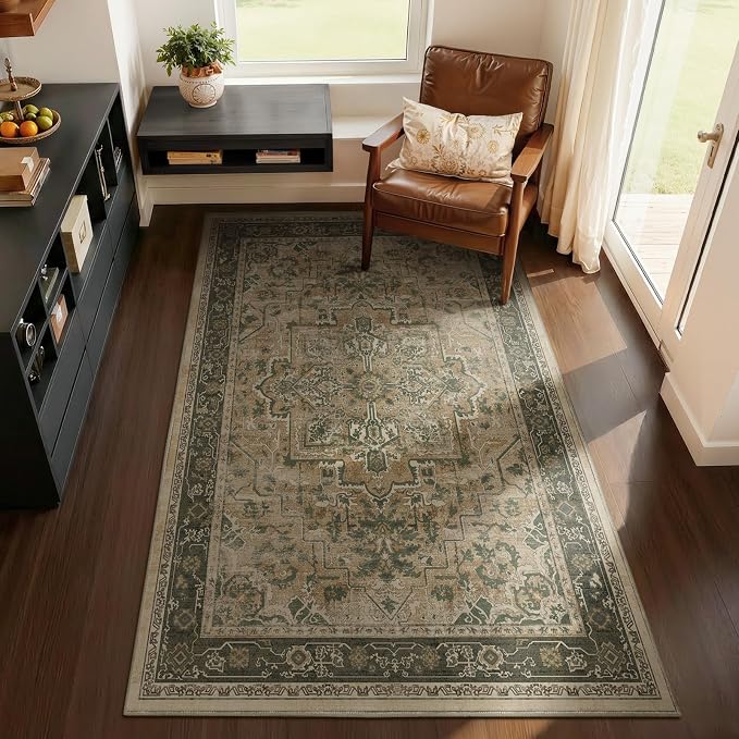 Medallion 4x5 Throw Rug for Large Kitchen, Distressed Vintage Small Area Rugs for Living Room Bedroom, Washable Non Slip Thin Carpet Rug for Home Office/Bathroom/Foyer, Multi Brown/Olive