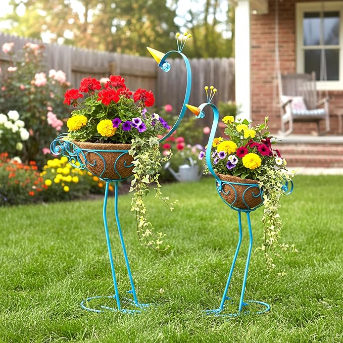 Peacock Metal Plant Stand 2 Sets Flower Pots Holders, Planters for Outdoor | J-Fly; Plants with Coconut Pots, Front Porch Garden Balcony Patio Decor for Plant, Great gift choice; Garden Lawn Yard Décor