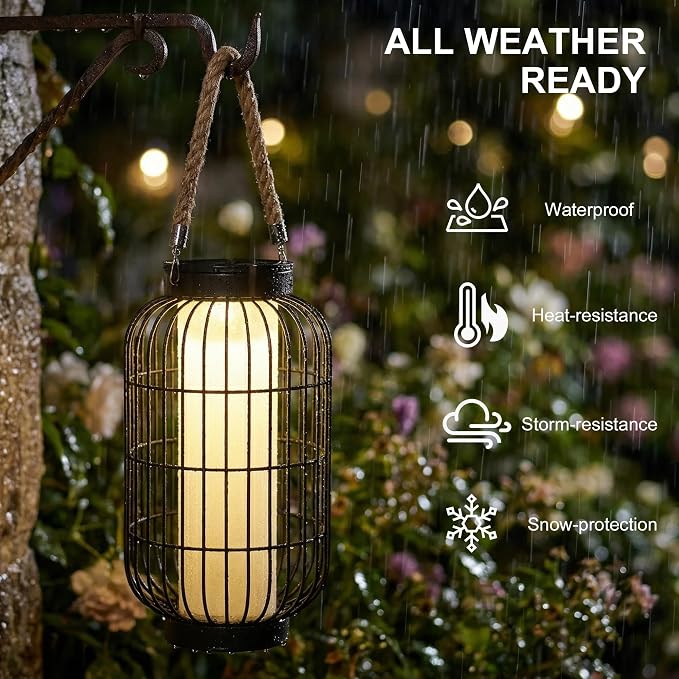 Large Solar Lanterns Outdoor Waterproof, Solar Lantern Metal Dual Charging (USB/Solar), Two Brightness Modes Decorative Solar Lights for Yard Patio Garden Front Porch Indoor Or Tabletop Decor (Black)