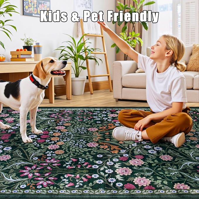 PLHXFR Area Rug 9x12 Living Room: Floral Washable Boho Carpet Dark Green | For Bedroom Dining Room Farmhouse Nursery Hallway,Vintage Floral,Machine washable,Non Slip,Stain Resistant,Large Indoor
