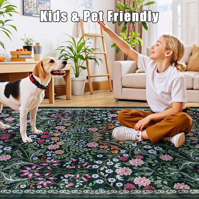PLHXFR Area Rug Living Room: 4x6 Floral Washable Boho Carpet Dark Green | For Bedroom Dining Room Farmhouse Nursery Hallway,Vintage Floral,Machine washable,Non Slip,Stain Resistant,Large Indoor