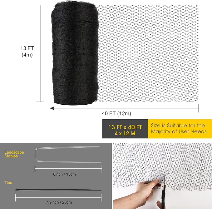 Bird Netting for Garden - 13 x 40 FT Heavy Duty Anti Bird Netting Mesh with Ties and Landscape Staples for Vegetable, Fruit Trees & Other Plants, Lasting Against Birds Deer Squirrels and Poultry