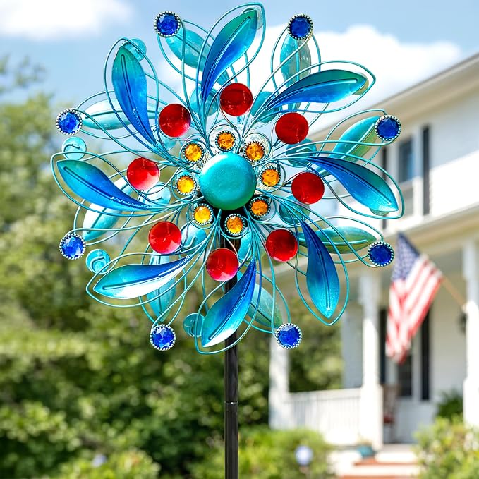 Solar Wind Spinner with Glass Ball - Lighted Kinetic Metal Yard Art with Jeweled Accents - Vibrant Blue Floral Windmill Outdoor Garden Decor for Patio, Lawn, and Pathway