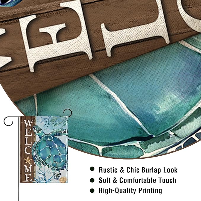 Artofy Welcome Summer Beach Sea Turtle Small Decorative Garden Flag, Coastal Ocean Farmhouse Yard Lawn Outside Decor, Spring Nautical Starfish Coral Burlap Outdoor Home Decoration Double Sided 12 x 18