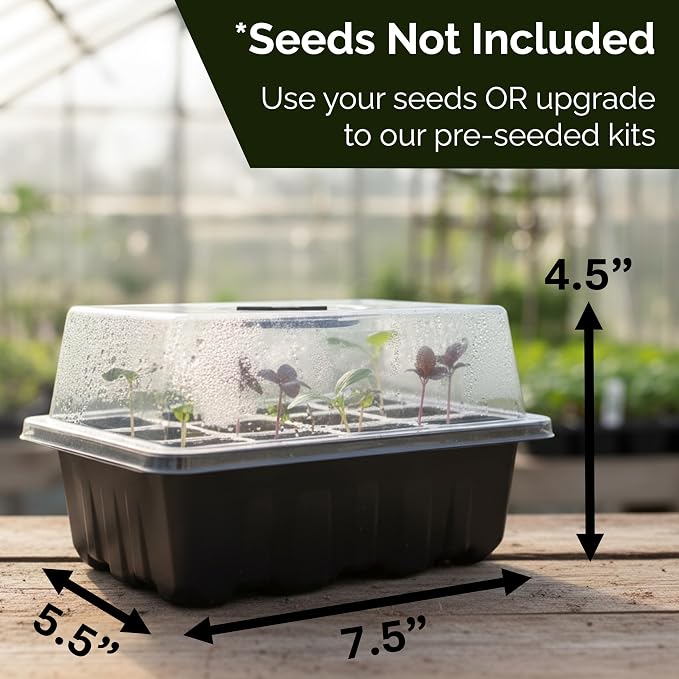 Seed Starter Tray Kit – Indoor Seed Starting Kit with Humidity Domes (2-Pack), 12-Cell Seed Starter Trays, 24 Organic Grow Plugs, Labels & Replanting Tools