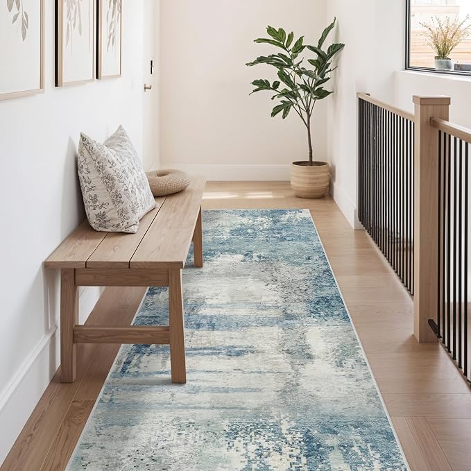 8 Foot Washable Runner Rug: Non Slip Abstract Kitchen Entryway Carpet Blue | Bedroom - Soft Stain Resistant Easy Clean Mat for Family with Pets