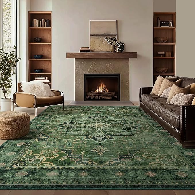 Retro Green Area Rug 7x9 for Living Room, Distressed Medallion Dining Room Rug Under Table, Washable Non Slip Thin Carpet Rugs for Bedroom Under Bed Home Office