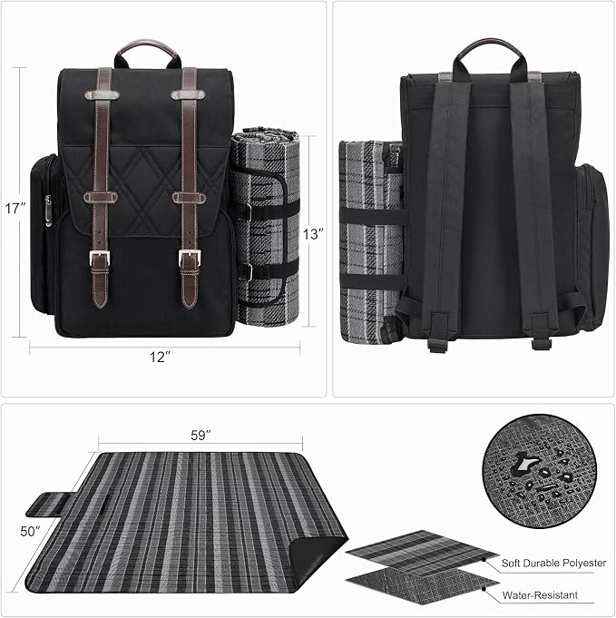 Picnic Backpack for 2 Person with Large Insulated Cooler Bag, Picnic Basket Set with Wine Pouch, Waterproof Picnic Blanket & Cutlery Set. Perfect for Camping, Party,Wedding Gift for Couple.2P-Black