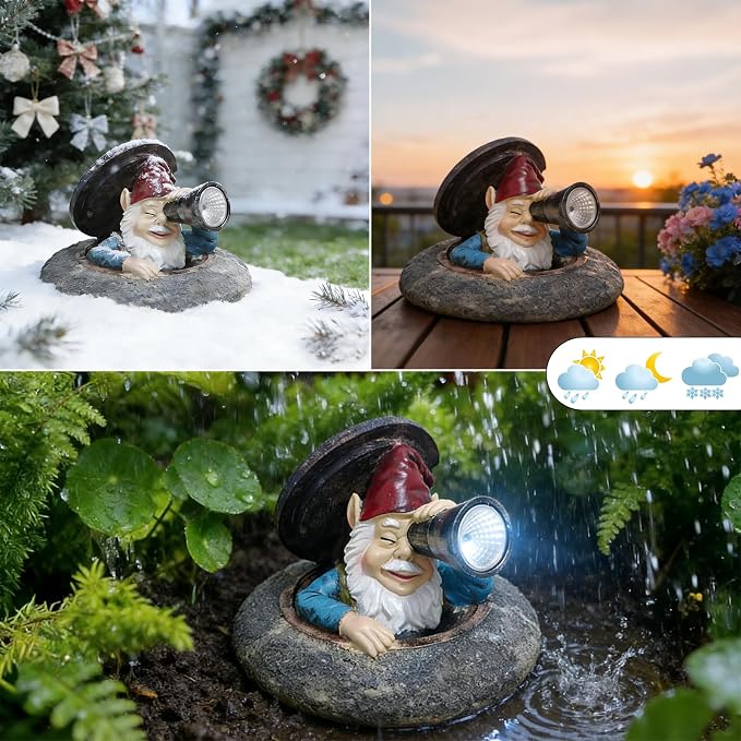 Solar Garden Gnome Outdoor Decor, Funny Gnome Statue Peeking from Manhole Cover, Waterproof Resin Figurine Lights for Yard Lawn Patio, Gift for Women & Garden Lovers