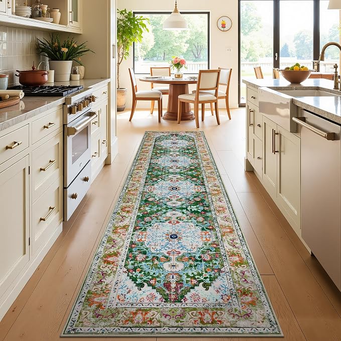 U'Artlines 3'x12' Boho Hallway Runner Rug Non Slip Washable Runners,Green | Vintage Farmhouse Kitchen Rug Accent Area Carpet for Entryway, Dining Room and Living Room