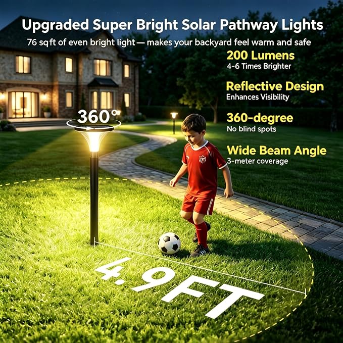 200LM Bright Solar Pathway Lights Outdoor, 6 Pack 29" Tall Solar Powered Garden Lights Waterproof, Auto ON/Off Outdoor Lighting for Path Yard Walkway Driveway Decor