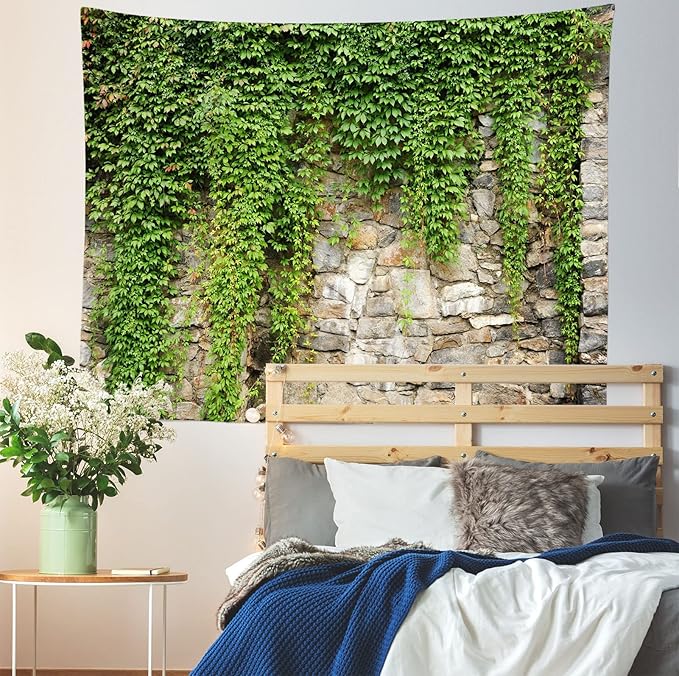 BELECO Stone Wall Tapestry - 80x60 Inch Spring Garden Green Leaves Old Stone Wall Overgrown with Leaves Outdoor Nature Greenery Home Decor for Living Room & Bedroom