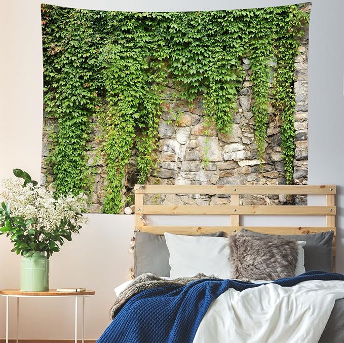 BELECO Spring Garden Wall Hanging 106x70 Inch Green Leaves Old Stone Wall Outdoor Nature Greenery Home Decor Aesthetic Living Room Bedroom Dorm Decor