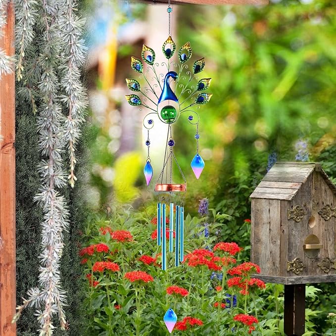 Pearlstar Solar Wind Chimes Outdoor, Gifts for Mom Women, 53.5" Large Metal Peacock Wind Chimes Light with Crackle Glass Ball, Waterproof for Garden Patio Yard Home Decor