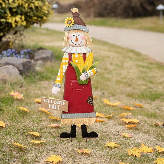Glitzhome 37.25" H Fall Decorative Yard Signs with Stakes, Metal Scarecrow Garden Yard Stake for Home Lawn Yard Pathway Front Door Fall Harvest Thanksgiving Standing Hanging Decor