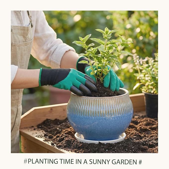 10.6 Inch Modern Ceramic Plant Pot with Drainage Hole and Mesh Net, Indoor Outdoor Planter with Saucer & Gardening Glove, Pots for Succulents, Flowers, Large Plants, Blue