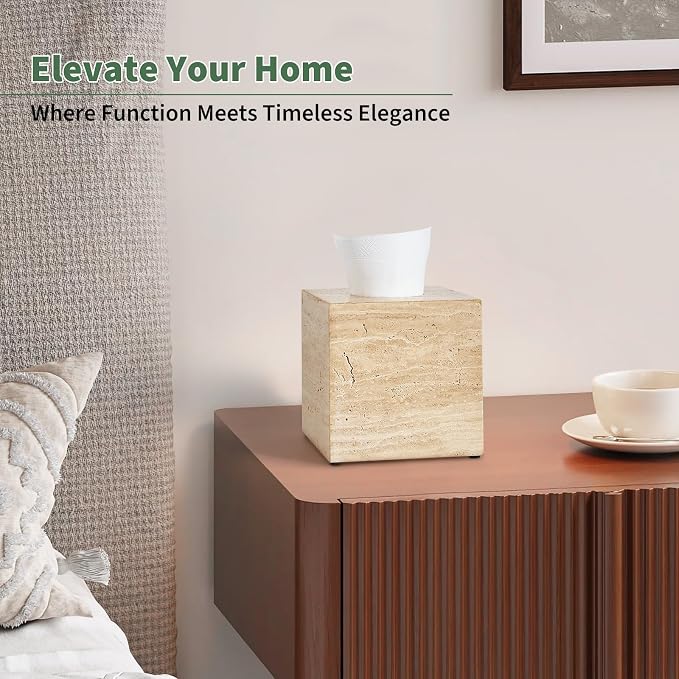 Real Natural Travertine Tissue Box Cover, 5.5 Inch Square Travertine Tissue Box Holder with Open Bottom, Heavy Stone Decorative Organizer for Bathroom Vanity, Kitchen Countertop, Luxury Home Décor