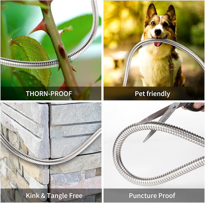 Metal Garden Hose 50 ft Water Hose 304 Stainless Flexible Lightweight Outdoor Yard Strong Durable Heavy Duty Hose Pipe with 10-Way Nozzle Solid 3/4" Brass Connectors No Kink Leakproof Outside