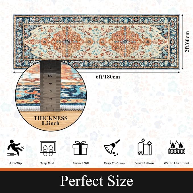 U'Artlines 2' x 6' Boho Hallway Runner Rug, Washable Carpet, Orange/Multi | Non Slip, Vintage Farmhouse Accent Area Rug Carpet, for Kitchen Entryway Laundry and Living Room