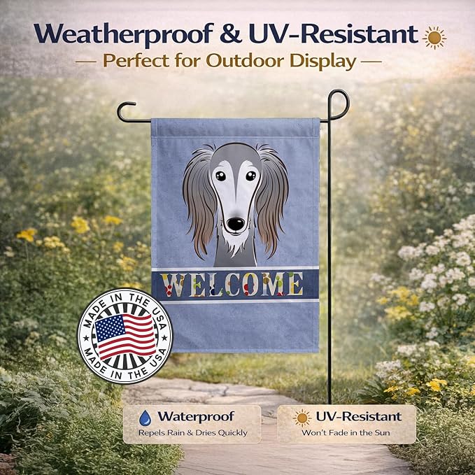 Caroline's Treasures BB1415GF Saluki Welcome Garden Flag, Blue Mailbox Flag Decorative Yard Flag Banner Outside Patio Artwork Yard Flower Beds, Garden Size, Multicolor