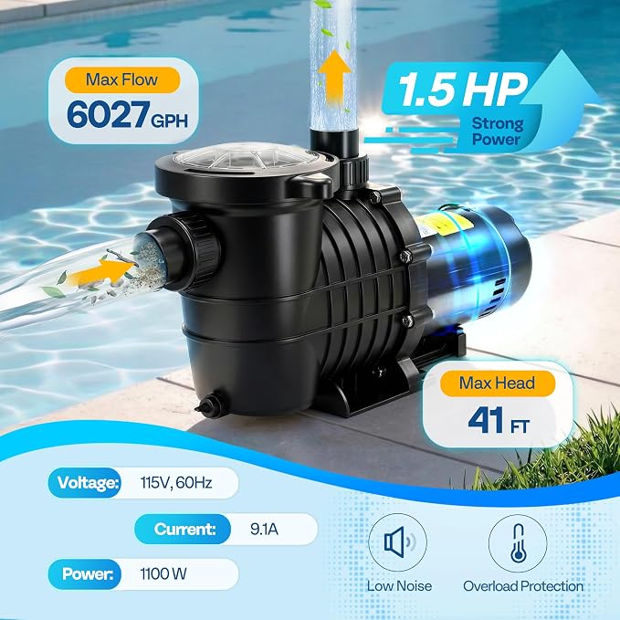 VIVOHOME 1.5 HP 6027 GPH Powerful Copper Motor Self-priming 115V Swimming Pool Pump w/ON/OFF Switch 1.25'' & 1.5" & 2.0'' Unions Energy Saving w/Strainer Basket