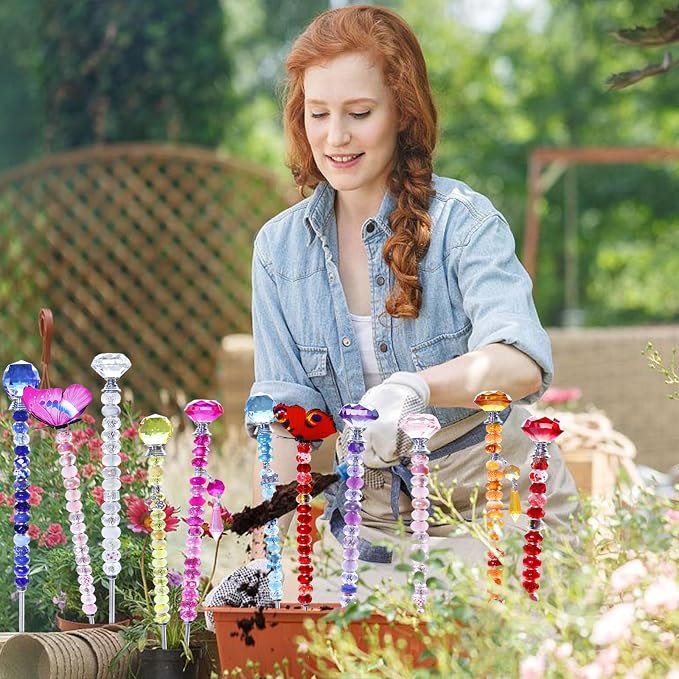101 PCS Beaded Garden Stakes Kit, DIY Fairy Wand Garden Stake Beads Kits with Orange Large Hole Beads 4 Crystal Stopper Top Threaded Rods and 2 Colored Small Windmills for Outdoor Indoor Decor
