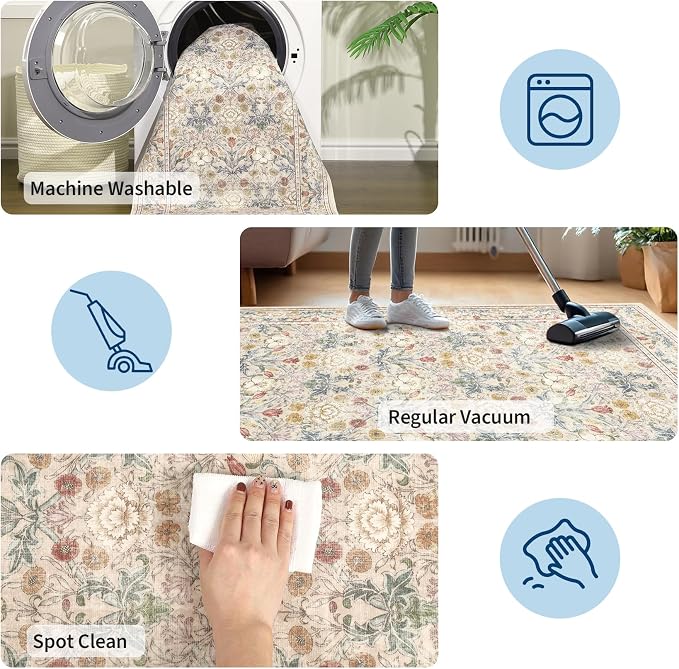 GarveeHome Small Beige Entryway Rug, 2x3 Washable Front Door Rug Indoor Entrance Floral Carpet Non-Slip Low Pile Throw Rugs for Kitchen Floor, Powder Room, Entry, Bathroom, Kids Room