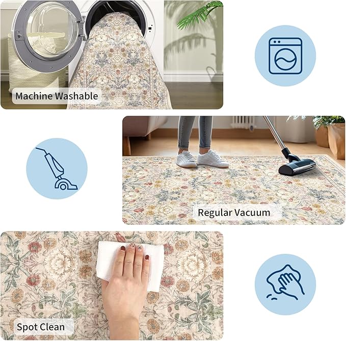 GarveeHome Area Rugs 8x10 for Living Room, Beige Floral Large Washable Rug Soft Non Slip Carpet Indoor Thin Accent Rug for Bedroom Dining Room Playroom Nursery Home Decor